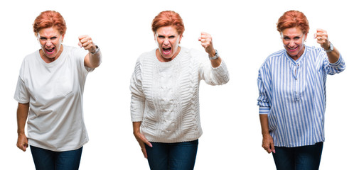 Collage of middle age senior woman over white isolated background angry and mad raising fist frustrated and furious while shouting with anger. Rage and aggressive concept.