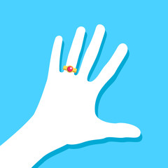 Hand is wearing engagement / wedding ring with red precious stone. Preson with jewelry. Vector illustration