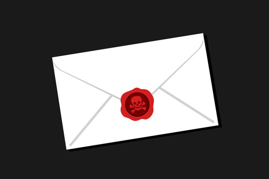 Letter bomb - envelope with red seal. Symbol of death on the signet as metaphor of killing terrorist attack by using postal service and mail. Vector illustration