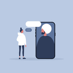 Video call. Millennials. Modern technologies. Digital communication. Dialog between two characters. Flat editable vector illustration, clip art