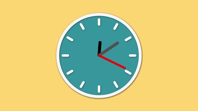 Animated clock face counting down. Digital animation of clock ticking real time on yellow background 