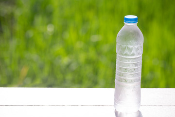 Water and green blurred nature background with space.