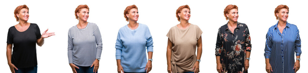 Collage of middle age senior woman over white isolated background looking away to side with smile on face, natural expression. Laughing confident.