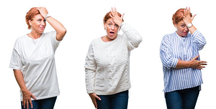Collage of middle age senior woman over white isolated background surprised with hand on head for mistake, remember error. Forgot, bad memory concept.