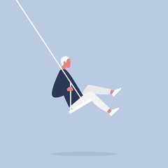 Obraz premium Young male character sitting on a swing. Modern lifestyle. Having fun. Flat editable vector illustration, clip art