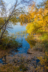 Fototapeta na wymiar Autumn landscape - a lake and a village on the shore
