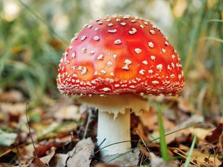 Polonne / Ukraine - 6 October 2018: A lovely Close up shot of a beautiful natural perfect red mushroom with white dots (or fly agaric) with a round hat in the forest, typical for autumn atmosphere.