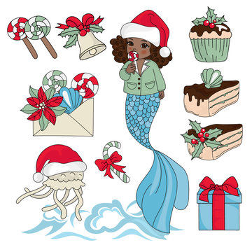 BLACK MERMAID New Year Color Vector Illustration Set