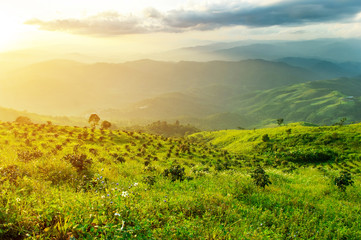 Landscape of high mountains in the tropics Natural beauty of the mountains at sunset.