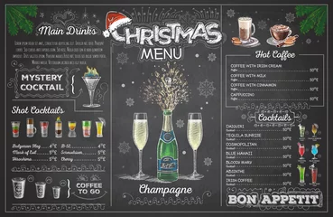 Fotobehang Vintage krijttekening kerstmenu ontwerp met champange. Restaurant menu © annbozhko
