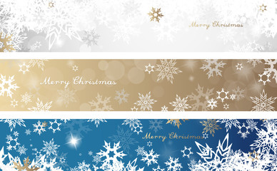 Set of three colorful Christmas background banners with snowflakes and simple Merry Christmas text - horizontal version