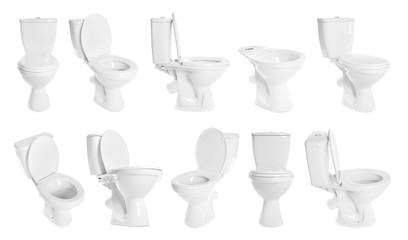 Set with toilet bowls on white background