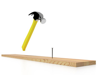 Hammer, wooden plank and nail on white background, isolated. 3D rendering