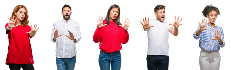 Collage of group chinese, indian, hispanic people over isolated background afraid and terrified with fear expression stop gesture with hands, shouting in shock. Panic concept.