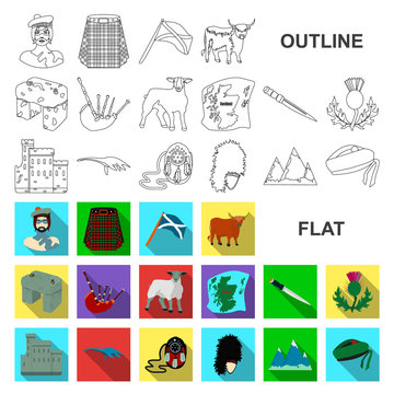 Country Scotland flat icons in set collection for design. Sightseeing, culture and tradition vector symbol stock web illustration.