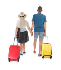 Senior couple with suitcases on white background. Vacation travel