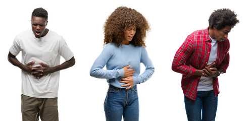 Collage of african american group of people over isolated background with hand on stomach because indigestion, painful illness feeling unwell. Ache concept.