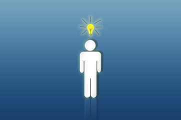 leadership creative thinking idea concept white human outstanding still standing in blue background with light bulb genius intelligent design solution issue. business success plan leader.