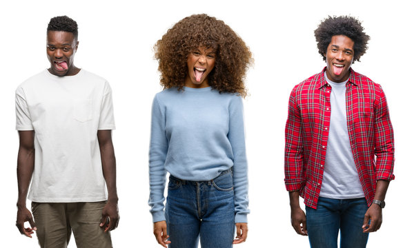 Collage of african american group of people over isolated background sticking tongue out happy with funny expression. Emotion concept.