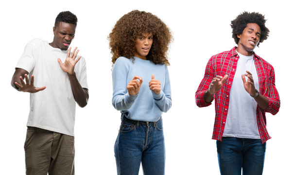 Collage of african american group of people over isolated background disgusted expression, displeased and fearful doing disgust face because aversion reaction. With hands raised. Annoying concept.