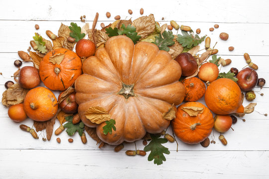 Autumn composition of pumpkins, dry leaves and fruits on a white wooden background. Top view. Copy space