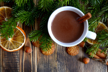 Hot chocolate or cocoa with cinnamon stick in a cup and fir branches. Winter hot drink for cold weather. New year and Christmas concept Copy space