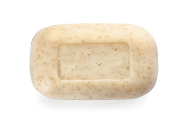Soap bar on white background, top view