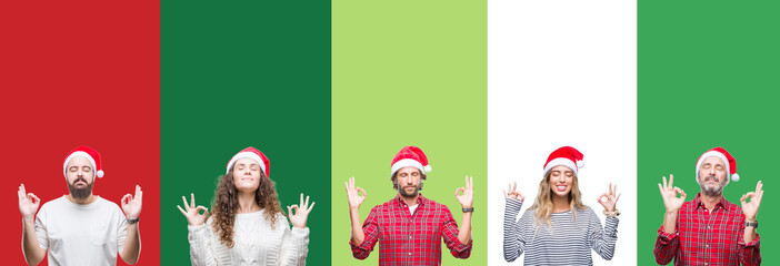 Collage of group of people wearing christmas hat over white and green isolated background relax and smiling with eyes closed doing meditation gesture with fingers. Yoga concept.