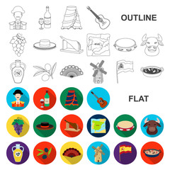 Spain country flat icons in set collection for design.Travel and attractions vector symbol stock web illustration.