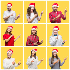 Collage of group of young people wearing christmas hat over yellow isolated background smiling and looking at the camera pointing with two hands and fingers to the side.