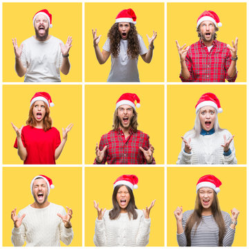 Collage of group of young people wearing christmas hat over yellow isolated background crazy and mad shouting and yelling with aggressive expression and arms raised. Frustration concept.