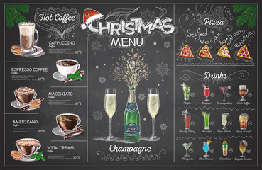 Vintage chalk drawing christmas menu design with champange. Restaurant menu - obrazy, fototapety, plakaty