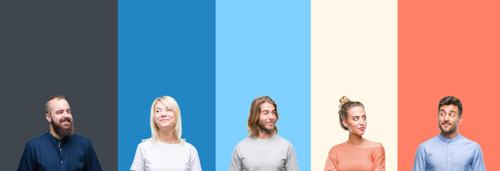 Collage of casual young people over colorful stripes isolated background smiling looking side and staring away thinking.