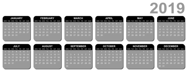 Editable vector calendar for year 2019  mondays first