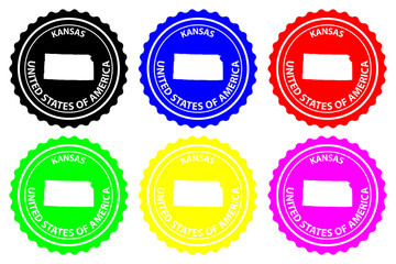 Kansas - rubber stamp - vector, Kansas (United States of America) map pattern - sticker - black, blue, green, yellow, purple and red 