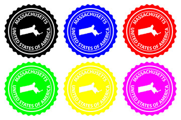 Massachusetts - rubber stamp - vector, Massachusetts (United States of America) map pattern - sticker - black, blue, green, yellow, purple and red 