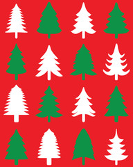 Obraz premium Green and white Christmas trees on a red background, seamless pattern 