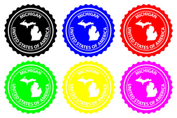 Michigan - rubber stamp - vector, Michigan (United States of America) map pattern - sticker - black, blue, green, yellow, purple and red 