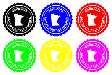Minnesota - rubber stamp - vector, Minnesota (United States of America) map pattern - sticker - black, blue, green, yellow, purple and red 