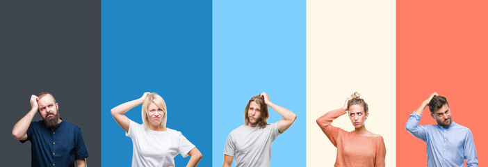 Collage of casual young people over colorful stripes isolated background confuse and wonder about question. Uncertain with doubt, thinking with hand on head. Pensive concept.