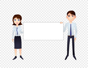 Vector Cartoon Man and Woman Holding Blank Banner, Isolated Illustration.