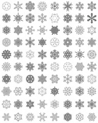 Set of different gray snowflakes on a white background