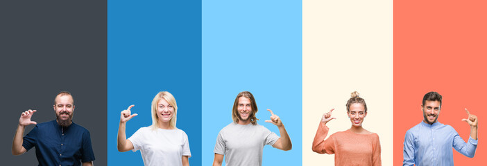 Collage of casual young people over colorful stripes isolated background smiling and confident gesturing with hand doing size sign with fingers while looking and the camera. Measure concept.