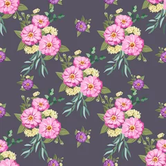 Ingelijste posters Striking seamless plant pattern in garden flowers of zinnia. Millefleur. Floral vibrant background for textile, wallpaper, covers, surface, print, gift wrap, scrapbooking, decoupage. © evamarina