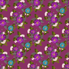 Striking seamless plant pattern in garden flowers of zinnia. Millefleur. Floral vibrant background for textile, wallpaper, covers, surface, print, gift wrap, scrapbooking, decoupage.