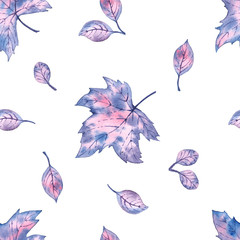 Pattern with watercolor winter leaves. Frozen autumn.