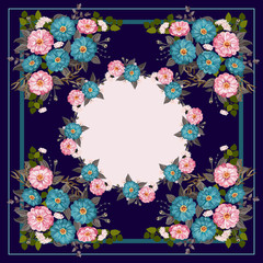 Colorful beautiful shawl, scarf print. Flowering summer garden zinnia background. Country, Cuban, gipsy style. Bandana, pareo, home textile design. Use for covers, surface, scrapbooking, decoupage.