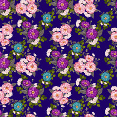 Obraz na płótnie Canvas Striking seamless plant pattern in garden flowers of zinnia. Millefleur. Floral vibrant background for textile, wallpaper, covers, surface, print, gift wrap, scrapbooking, decoupage.