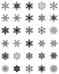 Set of different black  snowflakes on a white background