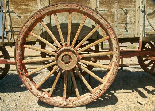 Western wagon wheel used on 20 mule team wagons to haul Borax in Death Valley, CA.